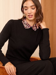 Love & Roses Black Printed Fine Gauge Woven Collar Jumper - Image 1 of 4