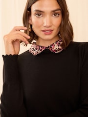 Love & Roses Black Printed Fine Gauge Woven Collar Jumper - Image 2 of 4