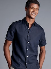 Charles Tyrwhitt Blue Slim Fit Plain Short Sleeve Pure 100% Linen Shirt - Image 1 of 5
