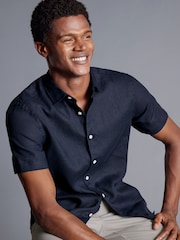 Charles Tyrwhitt Blue Slim Fit Plain Short Sleeve Pure 100% Linen Shirt - Image 2 of 5