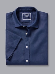 Charles Tyrwhitt Blue Slim Fit Plain Short Sleeve Pure 100% Linen Shirt - Image 4 of 5