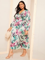 Curves Like These Blue Satin Split Sleeve Wrap Midi Dress - Image 3 of 4