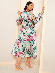 Curves Like These Blue Satin Split Sleeve Wrap Midi Dress - Image 4 of 4