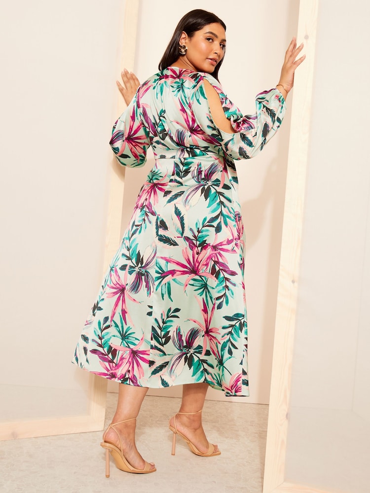 Curves Like These Blue Satin Split Sleeve Wrap Midi Dress - Image 4 of 4