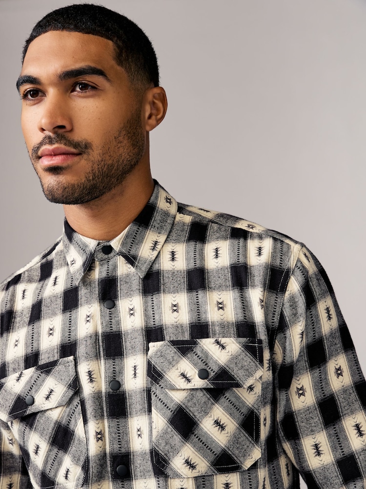 Black/White 100% Cotton Navajo Style Check Long Sleeve Shirt - Image 1 of 8