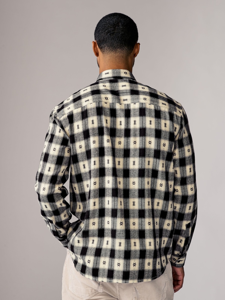 Black/White 100% Cotton Navajo Style Check Long Sleeve Shirt - Image 2 of 8