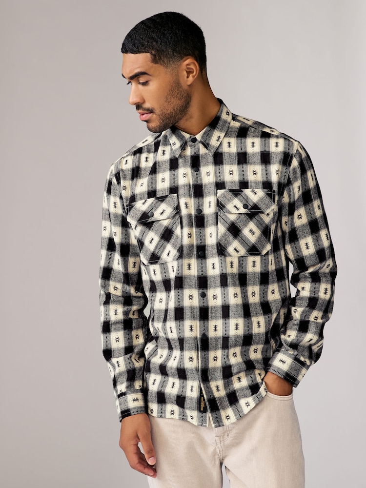 Black/White 100% Cotton Navajo Style Check Long Sleeve Shirt - Image 3 of 8