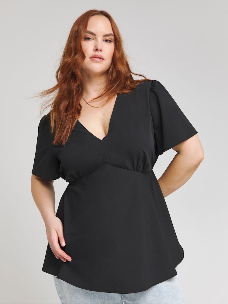 Simply Be Black Lace Trim Satin Tea Blouse - Image 1 of 4