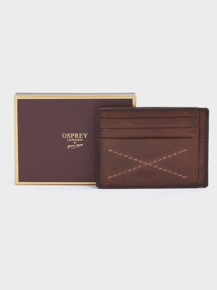 OSPREY LONDON The X Stitch Leather RFID Card Slip Brown Wallet - Image 1 of 6 OSPREY LONDON The X Stitch Leather RFID Card Slip Brown Wallet - Image 1 of 6