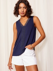 Donkerblauw - Friends Like These - Mouwloze gehaakte superzachte jersey tuniek met V-hals - Image 1 of 4