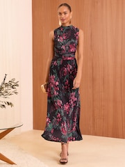 Love & Roses Black Floral Plisse Jersey Wrap Front Sleeveless Midi Dress - Image 1 of 4