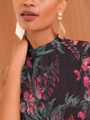 Love & Roses Black Floral Plisse Jersey Wrap Front Sleeveless Midi Dress - Image 2 of 4