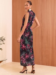 Love & Roses Black Floral Plisse Jersey Wrap Front Sleeveless Midi Dress - Image 3 of 4