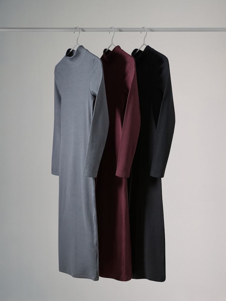 The Set Black/Berry Red/Slate Grey 3 Pack Ribbed Turtle Neck Long Sleeve Bodycon Dresses - Image 2 of 7