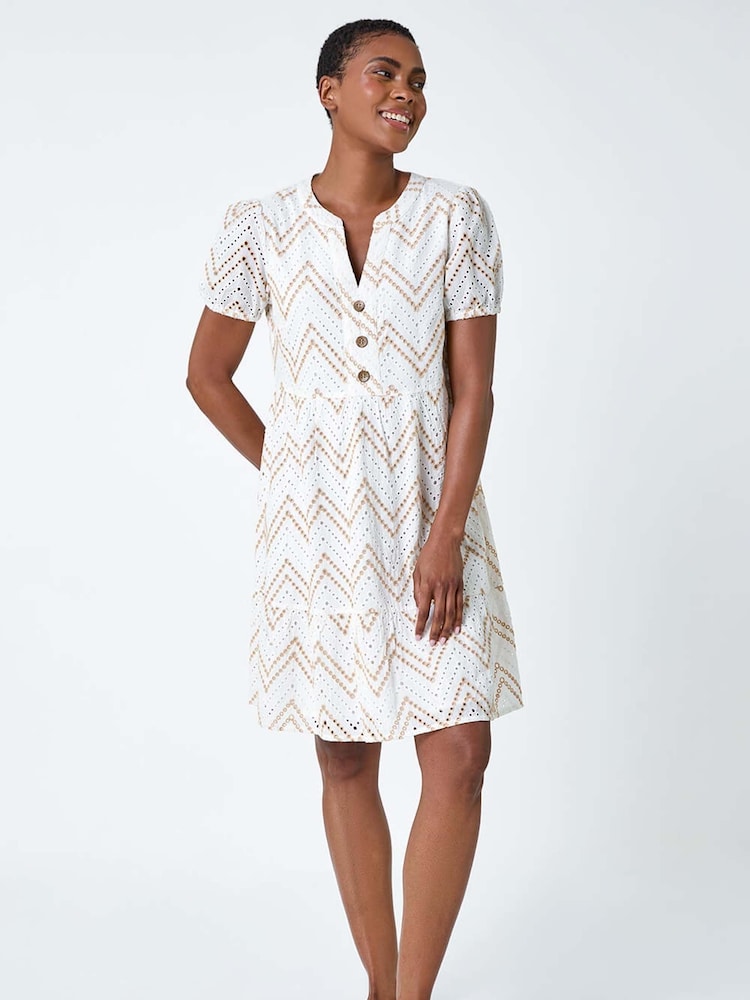 Roman White Zig-Zag Embroidered 100% Cotton Tunic Dress - Image 2 of 5