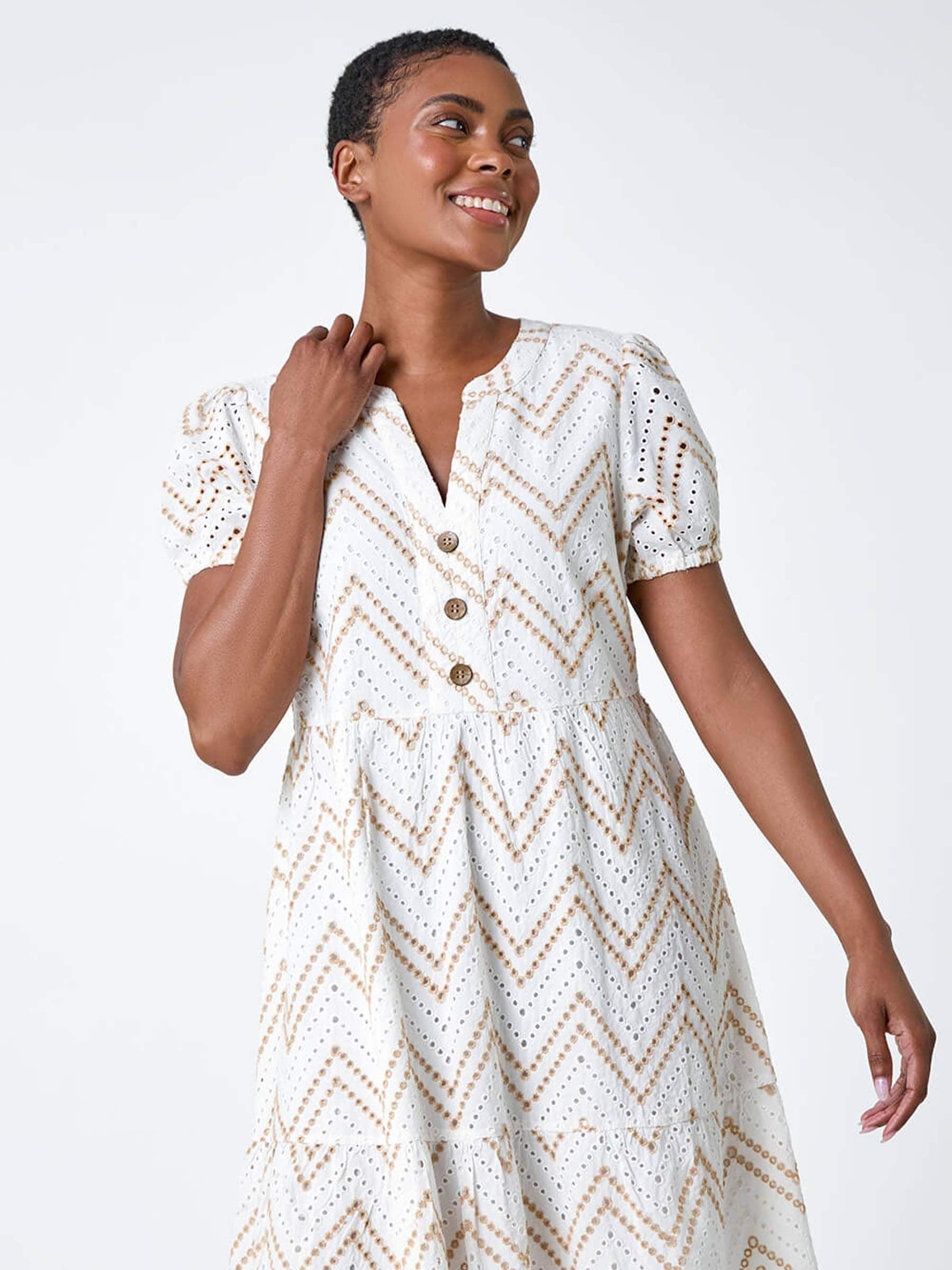 Buy Roman White Zig-Zag Embroidered 100% Cotton Tunic Dress from
