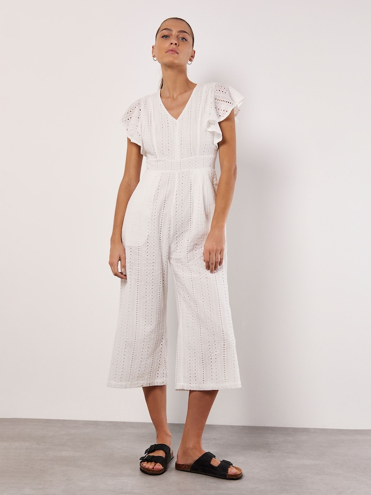 Apricot Cream Ruffle Sleeve Broidery 100% Cotton Jumpsuit - Image 1 of 4