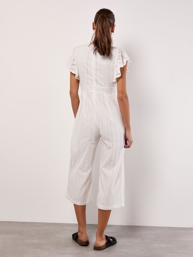 Apricot Cream Ruffle Sleeve Broidery 100% Cotton Jumpsuit - Image 2 of 4