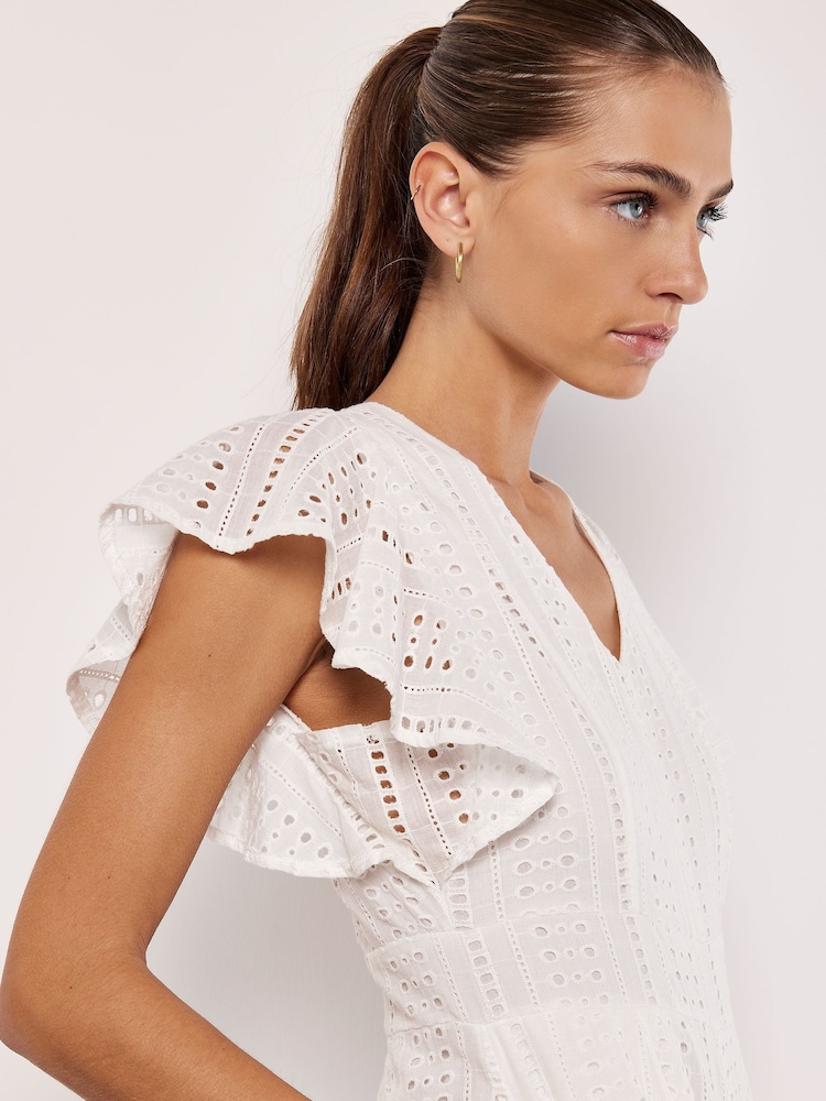 Apricot Cream Ruffle Sleeve Broidery 100% Cotton Jumpsuit - Image 4 of 4