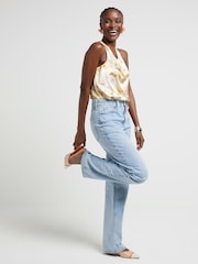 River Island Yellow Floral Print Halter Top - Image 1 of 4