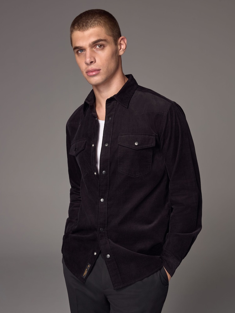 Black Cord Twin Pocket Western Long Sleeve 100% Cotton Shirt - Image 1 of 8