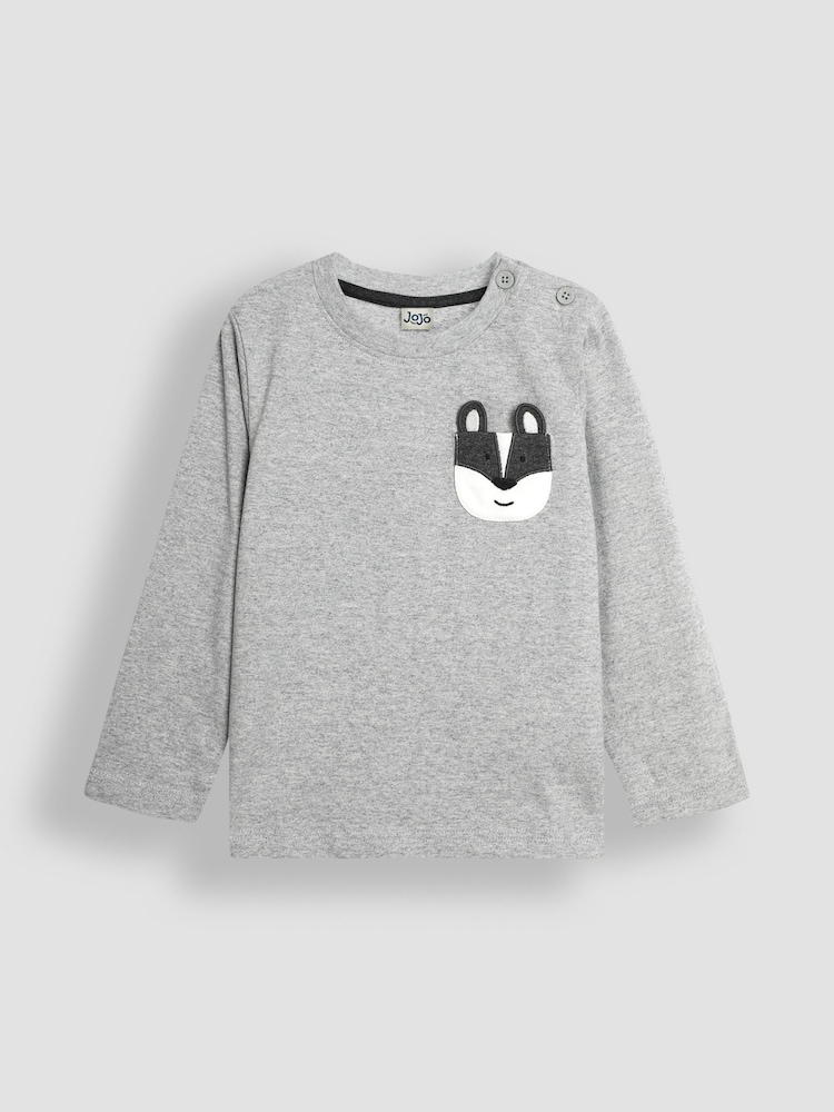 JoJo Maman Bébé Grey Marl Badger Appliqué Pocket Top - Image 1 of 3