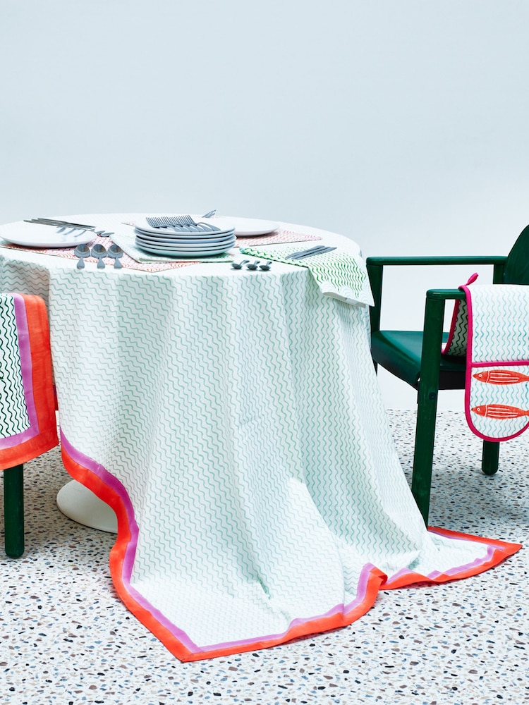 Oliver Bonas Pink Lumu Block Printed Wavy 100% Cotton Table Cloth - Image 1 of 4