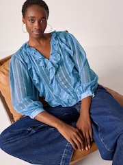Blue Sheer Long Sleeve Embellished Ruffle Blouse - Image 1 of 8