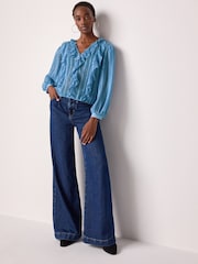 Blue Sheer Long Sleeve Embellished Ruffle Blouse - Image 2 of 8