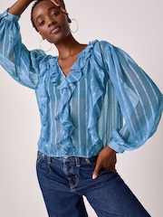 Blue Sheer Long Sleeve Embellished Ruffle Blouse - Image 3 of 8