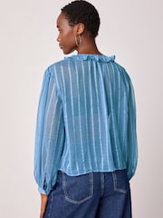 Blue Sheer Long Sleeve Embellished Ruffle Blouse - Image 4 of 8