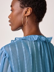 Blue Sheer Long Sleeve Embellished Ruffle Blouse - Image 5 of 8