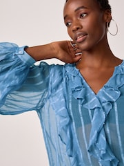 Blue Sheer Long Sleeve Embellished Ruffle Blouse - Image 6 of 8