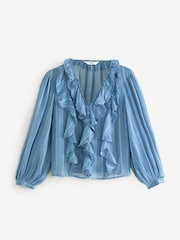 Blue Sheer Long Sleeve Embellished Ruffle Blouse - Image 7 of 8