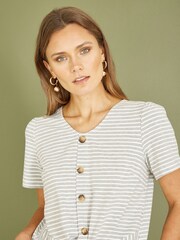 Yumi Grey 100% Cotton Striped Jersey Button Detail Top - Image 4 of 5