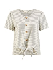 Yumi Grey 100% Cotton Striped Jersey Button Detail Top - Image 5 of 5