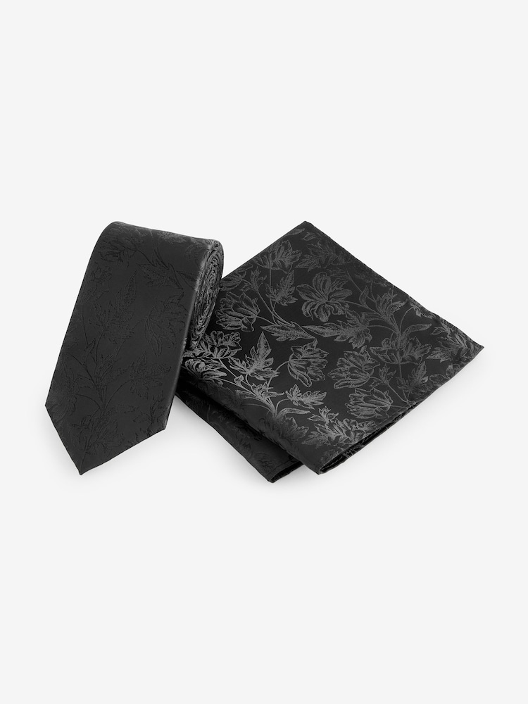 Black Slim Tie And Pocket Square Set - Image 1 of 5
