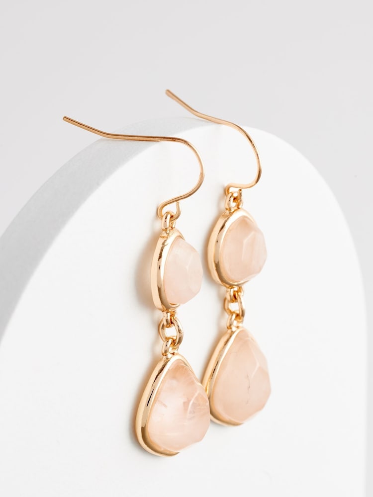 Gold Tone Rose Quartz Drop Earrings Made With Recycled Metals - Image 2 of 2 Gold Tone Rose Quartz Drop Earrings Made With Recycled Metals - Image 2 of 2