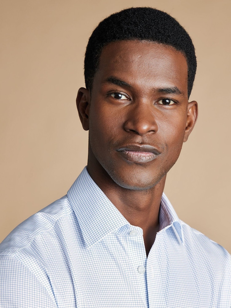 Charles Tyrwhitt Blue Slim Fit Non Iron Twill Mini Grid Check Shirt - Image 3 of 7