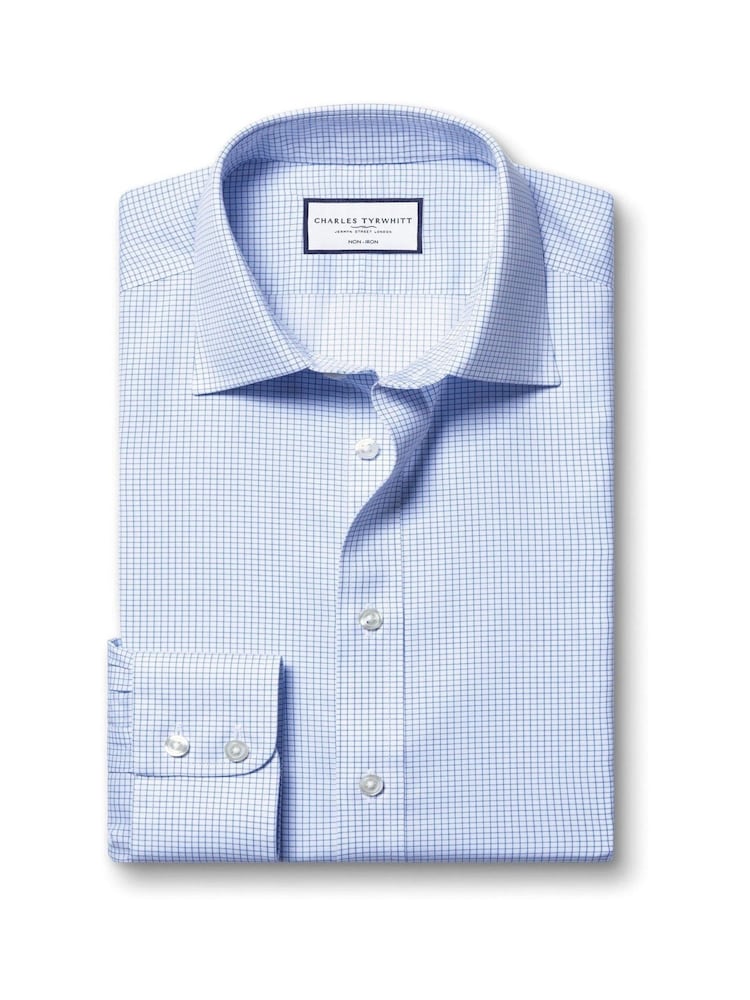 Charles Tyrwhitt Blue Slim Fit Non Iron Twill Mini Grid Check Shirt - Image 4 of 7