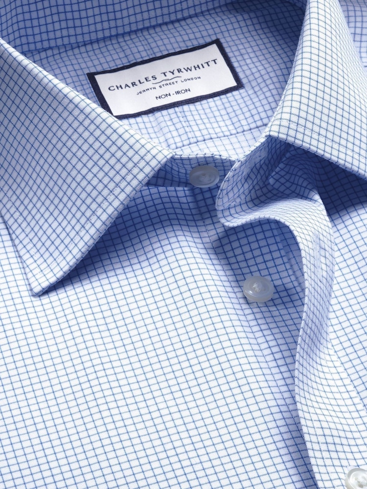 Charles Tyrwhitt Blue Slim Fit Non Iron Twill Mini Grid Check Shirt - Image 6 of 7