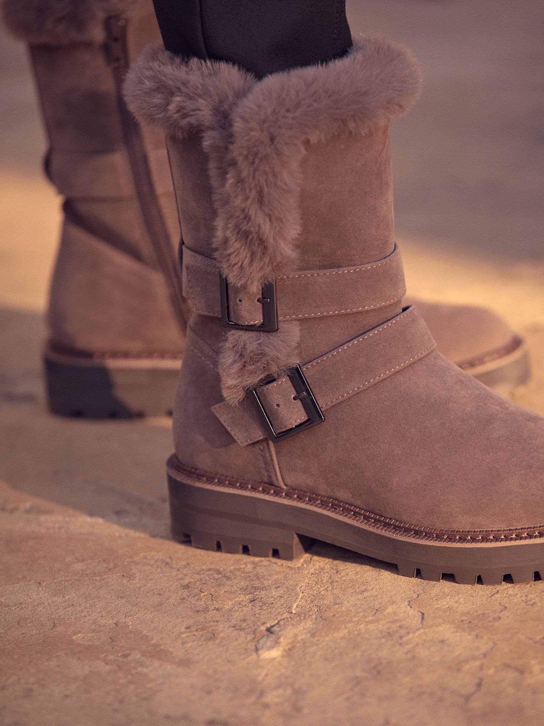 Mink Brown Forever Comfort® Faux Fur Double Buckle Ankle Boots