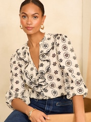 Love & Roses Black/White Ruffle V Neck Broderie Blouse - Image 1 of 4