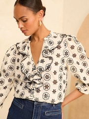 Love & Roses Black/White Ruffle V Neck Broderie Blouse - Image 3 of 4
