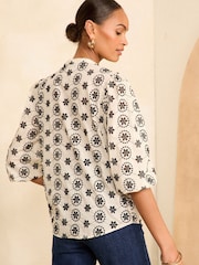 Love & Roses Black/White Ruffle V Neck Broderie Blouse - Image 4 of 4