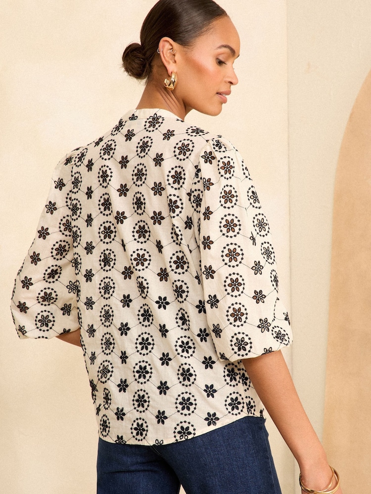 Love & Roses Black/White Ruffle V Neck Broderie Blouse - Image 4 of 4