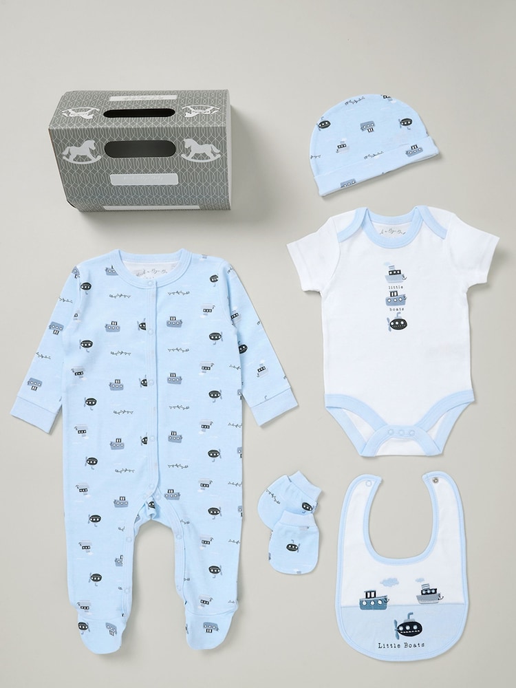 Rock-A-Bye Baby Boutique Blue Printed All in One 100% Cotton 5-Piece Baby Gift Set - Image 1 of 6