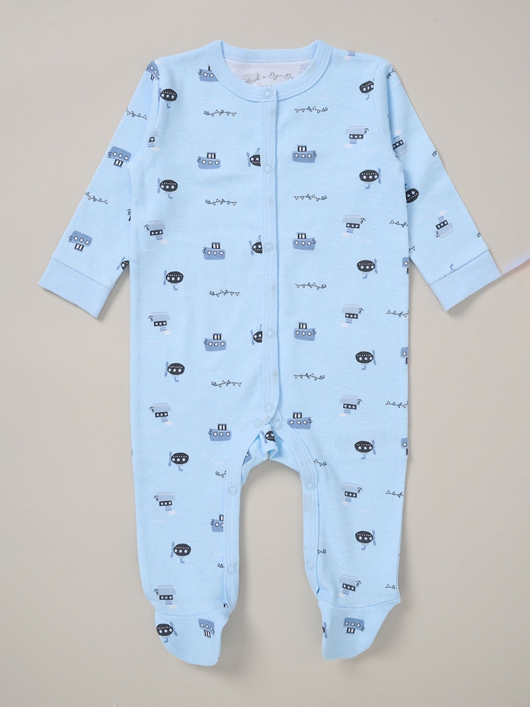 Rock-A-Bye Baby Boutique Blue Printed All in One 100% Cotton 5-Piece Baby Gift Set - Image 2 of 6