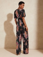 Love & Roses Black Floral Twist Front Jersey Jumpsuit - Image 3 of 4