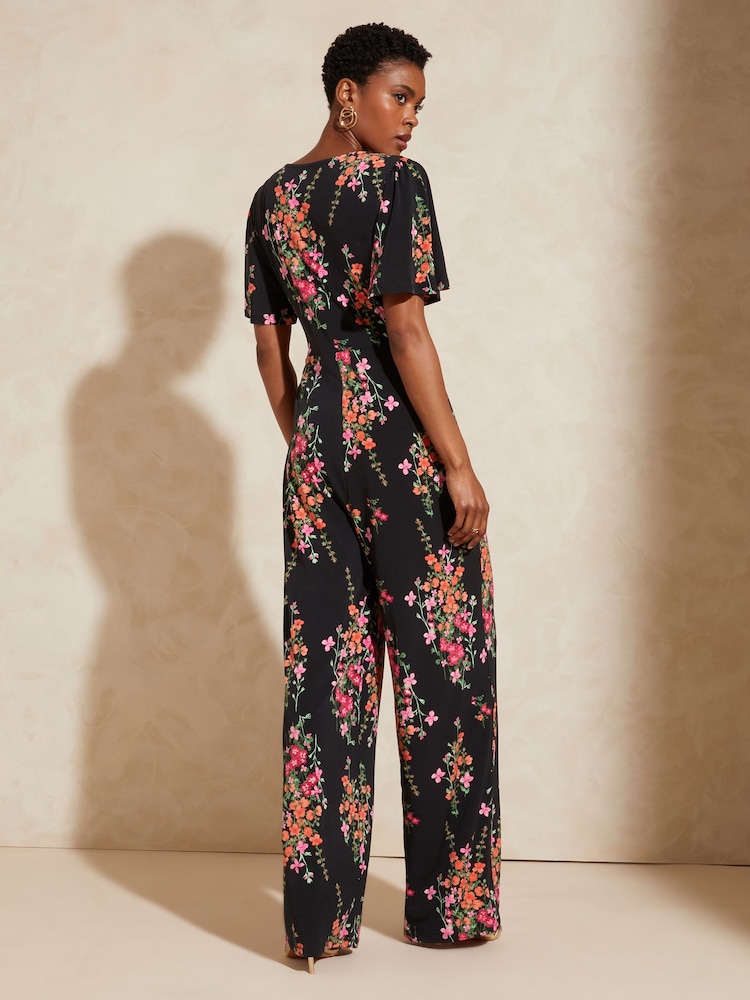 Love & Roses Black Floral Twist Front Jersey Jumpsuit - Image 3 of 4